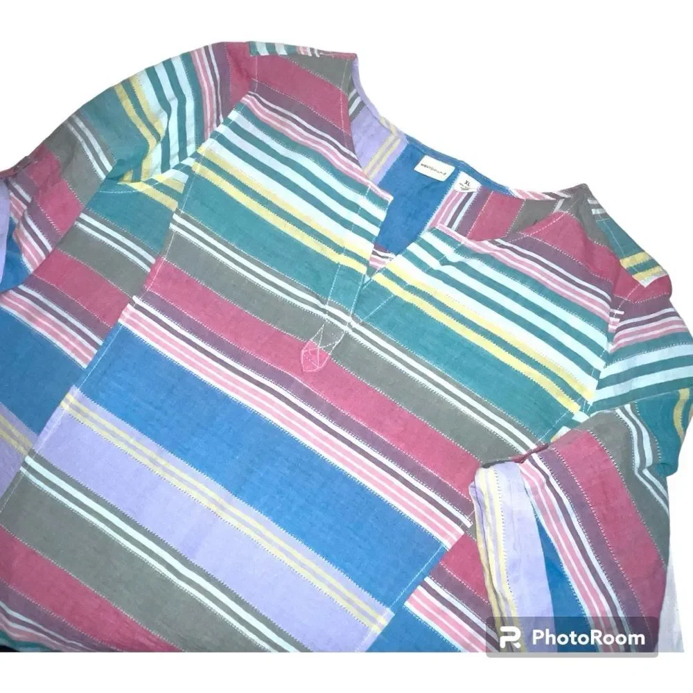 Westbound Colorful Rainbow Striped Cotton Blouse Top V Neck Size XL